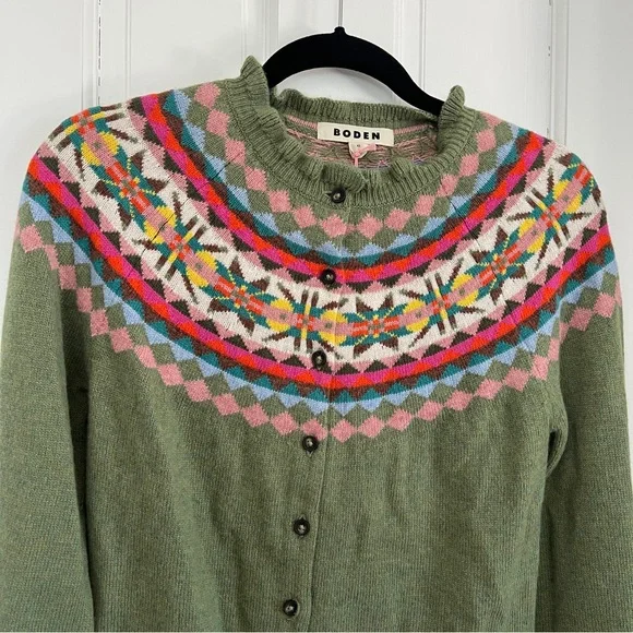 Boden Green Fair Isle Button-Front Cardigan - Picture 3 of 8